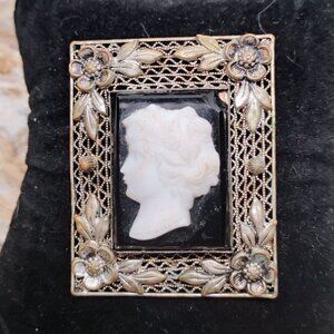 Vtg Art Deco Czech Filigree Silver Black White Left Facing Cameo Mourning Brooch